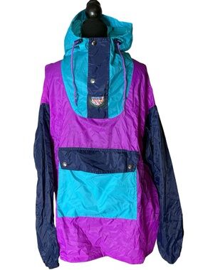 K-WAY Vintage Anorak Windbreaker Pack Away Jacket Pouch Purple Teal Blue 9 Large